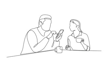 Diverse group of laughing young couple hanging out at home together and drink of coffe. Simple line, hang out minimalist concept.