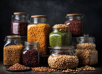 Different types of healthy legumes in glass jars