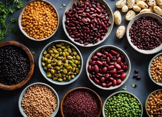 Different types of healthy legumes on plates