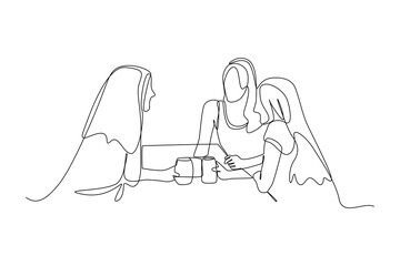 Simple cntinuous line drawing of Three friends tell each other after not seeing each other for a long time. Simple line, hang out minimalist concept.