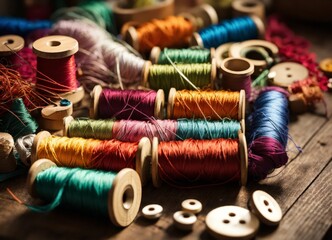 Skeins of multi-colored threads on a wooden table