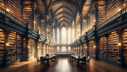 An opulent library with towering bookshelves, gothic arches, and warm sunlight streaming through tall windows, creating a haven for scholarly pursuits. Generative AI.