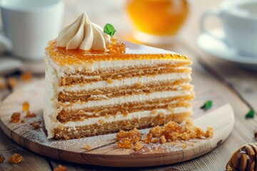 Slice of delicious layered honey cake served on wooden table