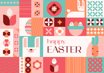 Easter geometric square bright flat banner. Easter eggs,rabbits,basket,eggs hunt.Perfect for a poster, cover, or postcard.Vector illustration
