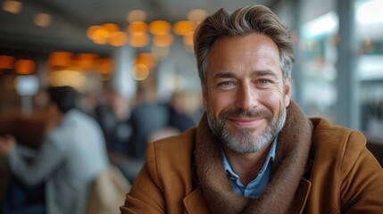 Fototapeta premium Smiling man with a beard and short brown hair, with casual formal attire