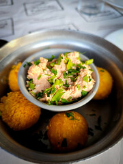 Fried mozzarella, cheddar cheese bites, balls and garnish