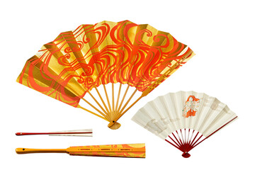 Japanese traditional hand fans from paper and bamboo with gold and red ornament, isolated on white