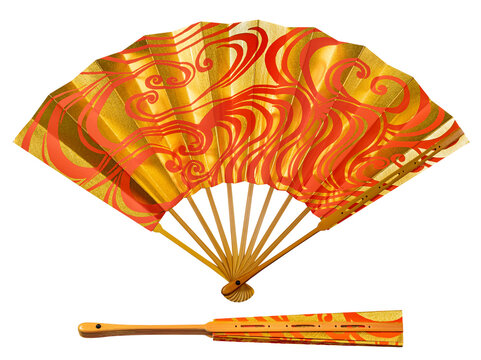 Japanese traditional hand fan from paper and bamboo with gold and red ornament, isolated on white
