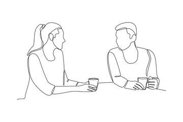 Diverse group of laughing man and woman hanging out in cafe. Simple line, hang out minimalist concept.