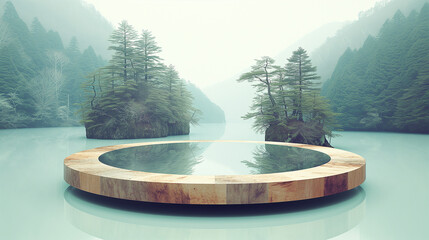 Mountain lake with a surreal wooden pool. Minimalist illustration with trees and water in a foggy mysterious atmosphere. Zen-like melancholic atmosphere with fog and hills. Lonely landscape