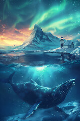 whale in the northern sea with snow mountain and iceberg - obrazy, fototapety, plakaty