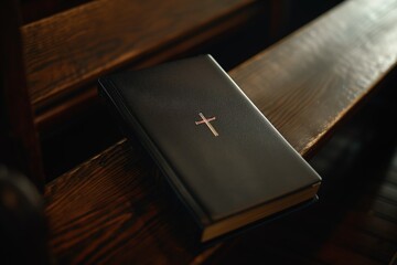 A black-bound Bible with a cross on the cover, lying on a bench in a church illuminated by soft light