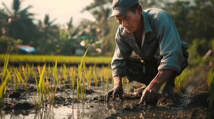 Portrait of a farmer wearing a hat and long-sleeved shirt tending to his paddy crops in a rice field one morning against a natural rural background. Created with Generative AI.