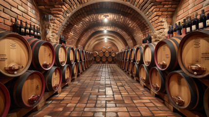 Wine barrels and wine bottles in a wine cellar in a traditional underground winery