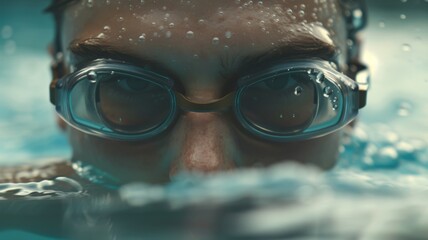 Swimmer in blue pool goggles stares ahead, bubbles framing face