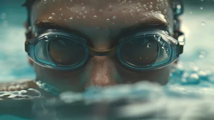 Fotobehang Swimmer in blue pool goggles stares ahead, bubbles framing face © Mickey