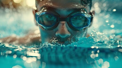 Underwater view of swimmer, goggles reflecting pool's blue