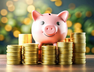 Piggy bank in the shape of a pig with gold coins. Coin box in the shape of a pig. Blurred background. Generative AI. - 732586987