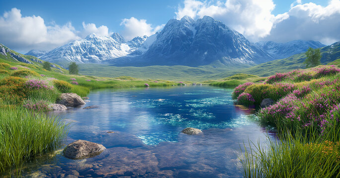 Natural landscapes and stages, beautiful waterfalls and streams, AI-generated images
