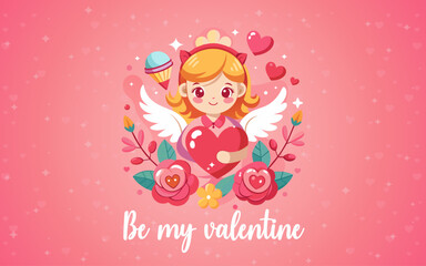 Be My Valentine Background with Cupid Girl Clipart, Heart and Floral Design Vector Illustration. Happy Valentine's Day Wallpaper, Flyers, Invitation, Posters, Brochure, Banners Design Template in Pink