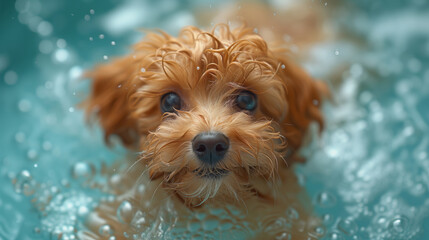 Funny brown maltipoo puppy dog swims in a summer pool