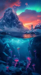 Fotobehang jellyfish in the northern sea, aurora borealis and light house © Maizal