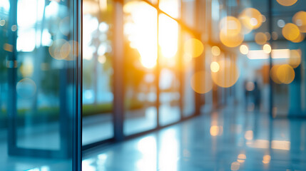 Modern business office setting environment blurred background with sunlight reflection on window glass for design