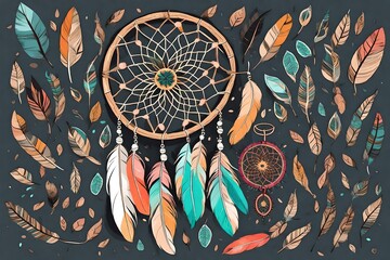 Boho vector fashion illustration with dreamcatcher, colorful feathers, leaves isolated