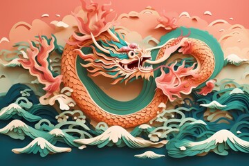 Intricate paper cutout of chinese zodiac dragon with ocean waves and clouds for chinese new year