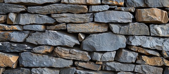 A close-up of a stone wall made of various rocks, a composite material, representing natural materials used in building fixtures like brickwork.