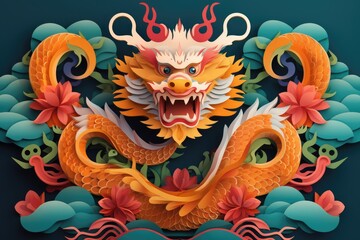 Detailed layered paper cut illustration of chinese zodiac dragon with ocean waves and clouds for chinese new year