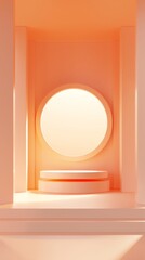 Minimal mockup stage with the apricot crush color background; daylight, frontal, in the center. Soft peach Pantone color. Vertical format for stories.