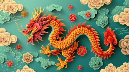 Creative paper cut design of chinese zodiac dragon with ocean waves and clouds for chinese new year