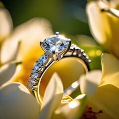 Exquisite diamond engagement ring surrounded by yellow flowers