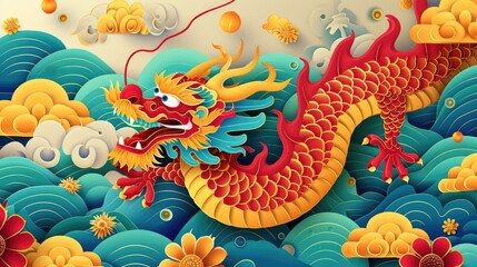 Papercut art of chinese dragon and sea waves for chinese new year - obrazy, fototapety, plakaty