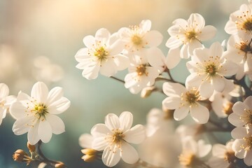 Beautiful abstract floral background, tender beige flowers, spring blossom, sunny day, old grunge photo