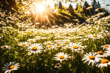 Spring nature background with daisies and sunshine