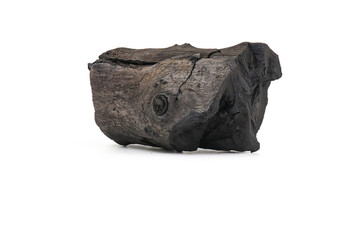 Obraz premium Natural wood charcoal, traditional charcoal or hardwood charcoal isolated on white background. For heating food in cooking. cosmetics. deodorant in the refrigerator. Activated Carbon. BBQ.