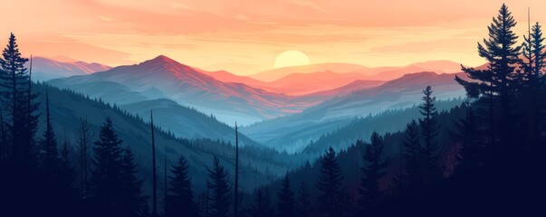 Fototapeta premium Landscape mountains nature adventure travel, background of valley view of forest fir trees illustration, Generative AI