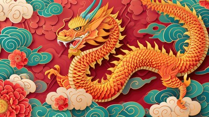 Chinese dragon wallpaper with papercut art of sea and cloud motifs