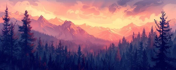 Landscape mountains nature adventure travel, background of valley view of forest fir trees illustration, Generative AI