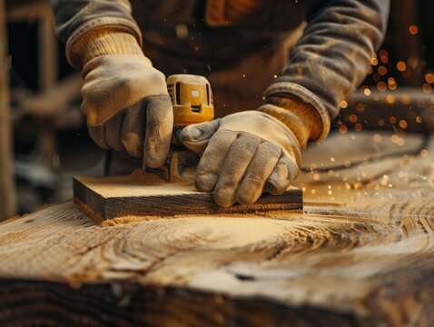 Carpenter polishing wood with a wood polisher, close-up