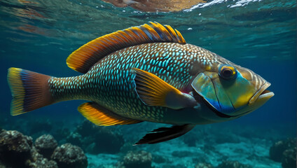 A close-up of a parrotfish swimming with its front fins gently touching the water, looking at the camera.