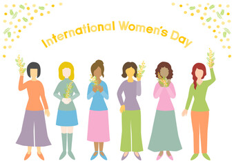 ミモザの花と女性たちの国際女性デーイラスト