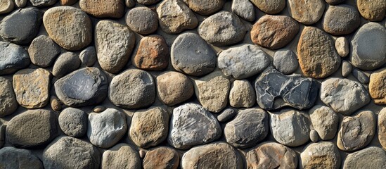 A detailed shot showcasing the natural beauty of a cobblestone wall, built with rocks, which can be used as a building material or flooring option.