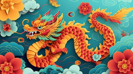 Fototapeta na wymiar Sea and cloud papercut art with chinese dragon motif for new year