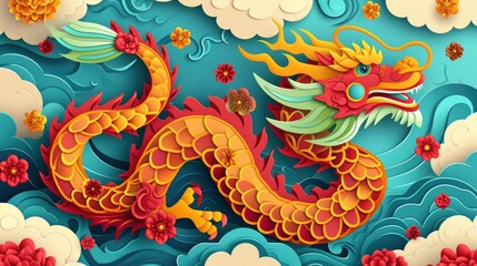 Dragon and sea waves paper craft with cloud papercut design