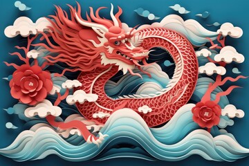 Chinese zodiac dragon papercut with sea and cloud decoration