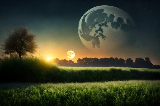 field of grass against a nice sunset scene and big moon