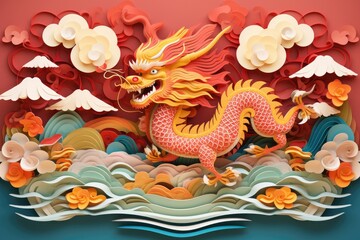Chinese dragon papercut art with cloud and wave motifs, chinese dragon paper cut wallpaper
